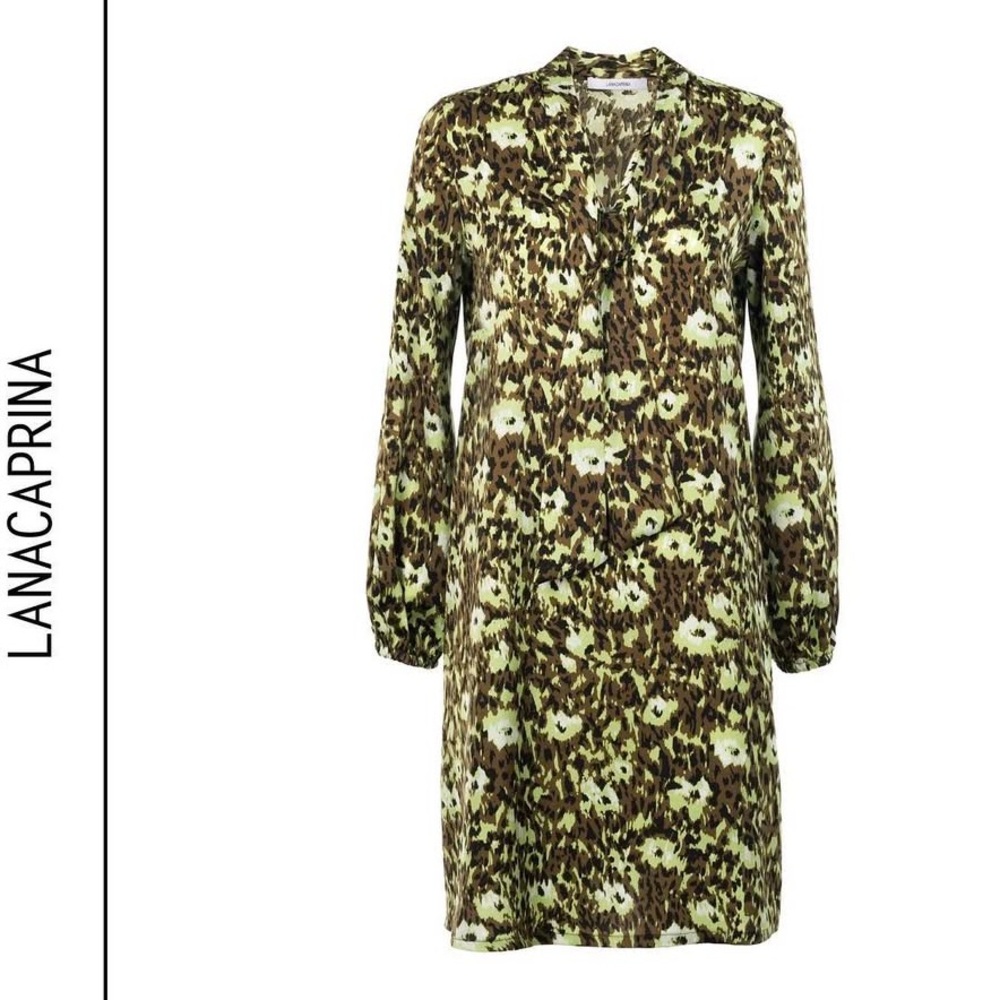 Lanacaprina Abito Donna Green Printed Dress with Tie Neck